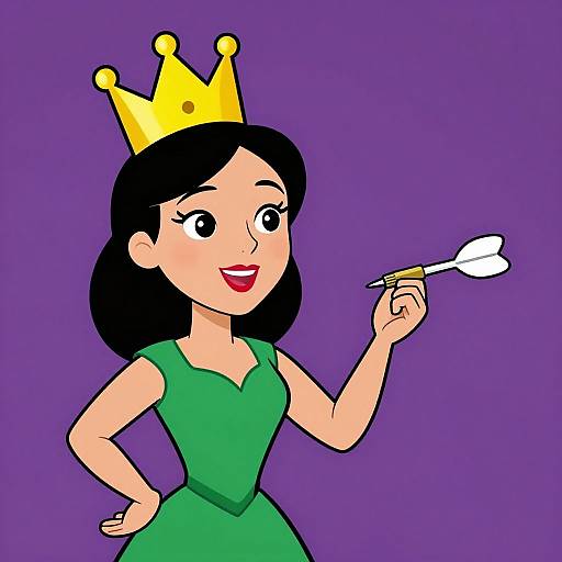 Cartoon-style drawing of a smiling woman with black hair, wearing a yellow crown and green dress, holding a lit matchstick against a purple background.