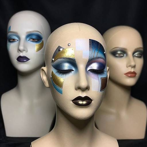 Photograph of three bald, white-faced mannequins with dramatic, colorful eye makeup: blue, gold, and silver patterns, set against a