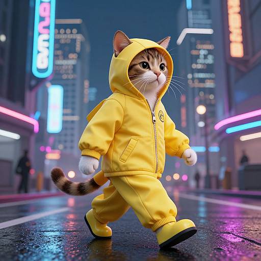 CGI image of a tabby cat in a yellow hooded onesie walking in a neon-lit, rainy city street at night.