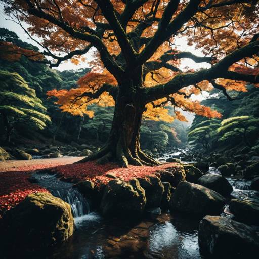 Ancient Maple Tree by Stream in Japan