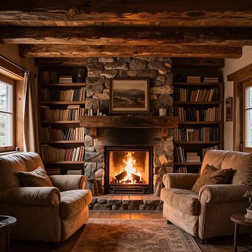 Cozy Rustic Cabin Interior with Fireplace