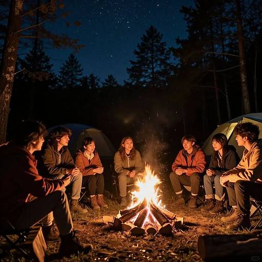 Photograph of six friends sitting around a campfire at night in a forest, wearing jackets, with two tents in the background.