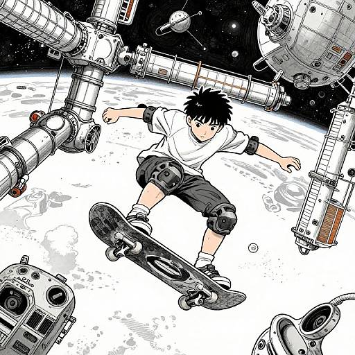 Digital anime-style illustration of a black-haired boy skateboarding among orbiting space stations above a partially visible Earth and stars.