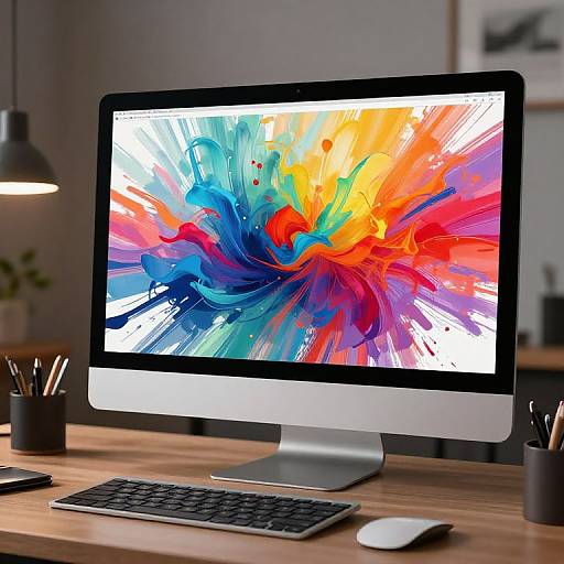 Photograph of an Apple iMac with vibrant, abstract splash of colors on the screen, on a wooden desk with keyboard, mouse, and pen holders