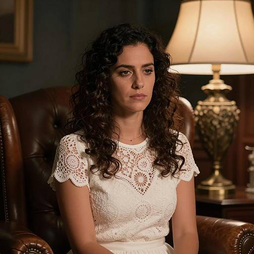 Woman Sitting in Leather Chair with Lamp