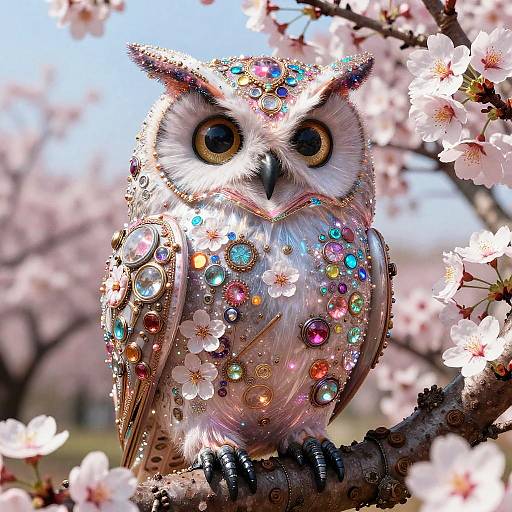 Ornate Steampunk Owl with Cherry Blossoms