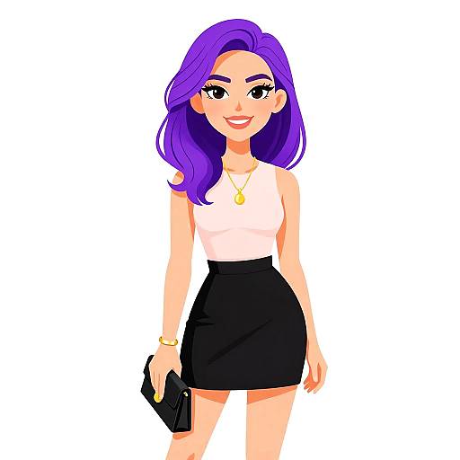 Digital illustration of a smiling woman with vibrant purple hair, wearing a white tank top, black skirt, gold necklace, and holding a black clutch. White
