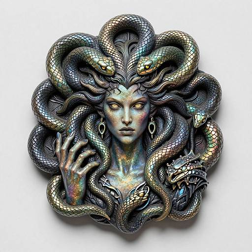 Digital artwork of a serpentine-haired woman with iridescent scales, piercing yellow eyes, and a mesmerizing, snake-like mane enveloping her