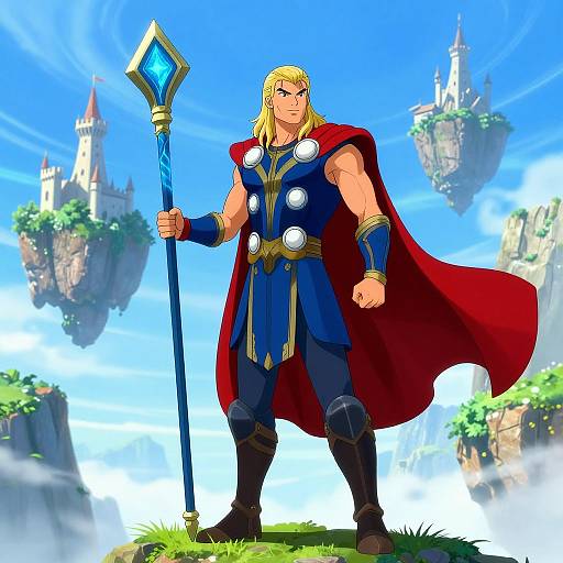 Muscular blonde superhero with red cape, blue armor, and blue diamond staff stands confidently on grassy platform amidst floating castle islands, bright blue sky background