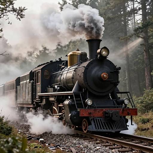 Photograph of a vintage black steam locomotive with white smoke, passing through a dense, misty forest, sunlight filtering through trees.