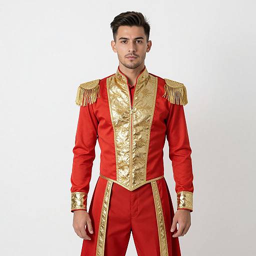 Photograph of a handsome man with short black hair, light skin, and a slight beard, wearing a red and gold, fringed, epa