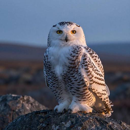 Cinematic Close-Up of Snowy Owl at Blue Hour
