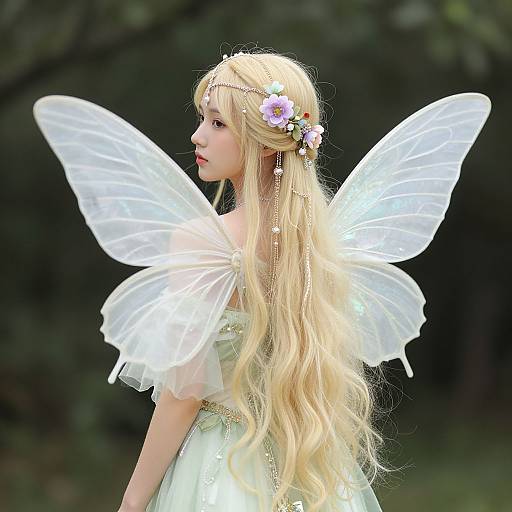 Photograph of a fair-skinned, blonde fairy with long wavy hair, wearing a white dress, flower crown, and translucent wings, standing in