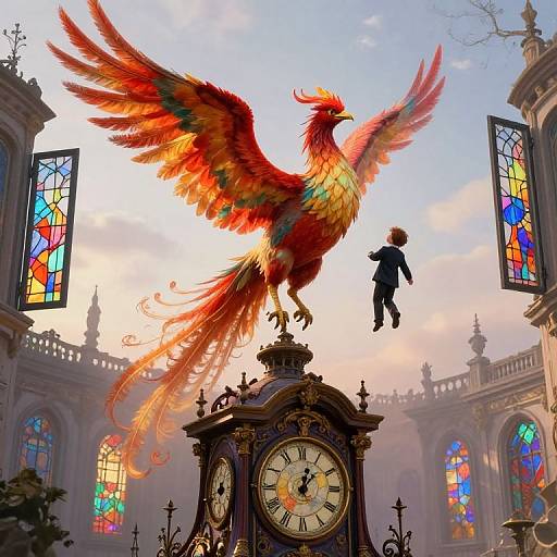 Digital artwork: A vibrant, multicolored phoenix with outstretched wings stands atop a clock, with a child floating beside it, in front of