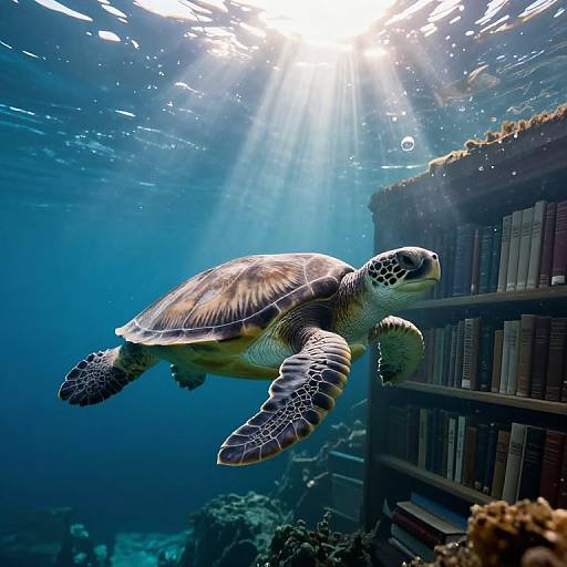 Photograph of a sea turtle swimming underwater beside sunlit, sunken bookshelves with coral and bubbles, creating a magical, serene scene.