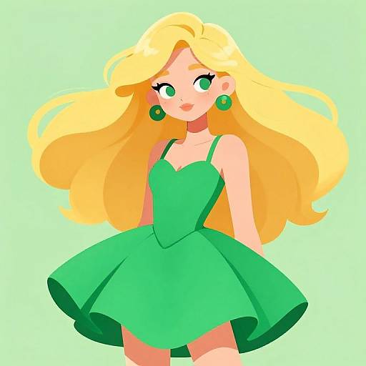 Digital cartoon of a blonde woman with green eyes, wearing a green dress and matching earrings, against a light green background.