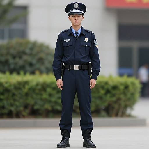 Photograph of young male police officer standing outdoors, wearing dark blue uniform with badge, hat, and belt, in front of blurred bushes and building.