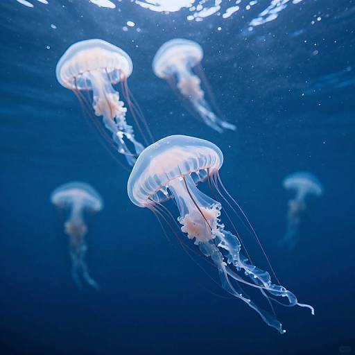 Photograph of glowing, translucent jellyfish with white bell and flowing tentacles, floating in dark blue underwater ocean.