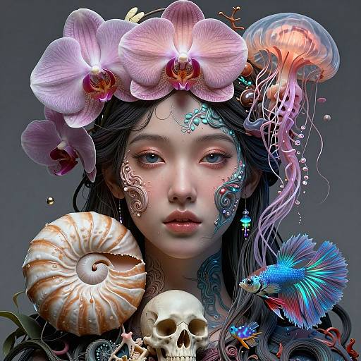 Digital art of a fair-skinned, wide-eyed woman with black hair adorned with pink orchids, jellyfish, seashell, and skull,
