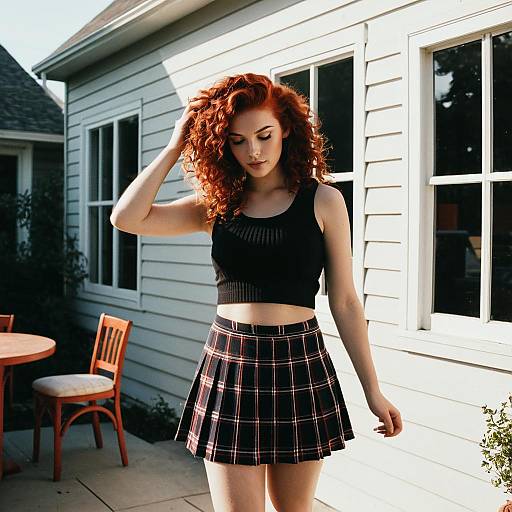 Redhead Woman in Knit Crop Top and Plaid Mini Skirt Outdoors