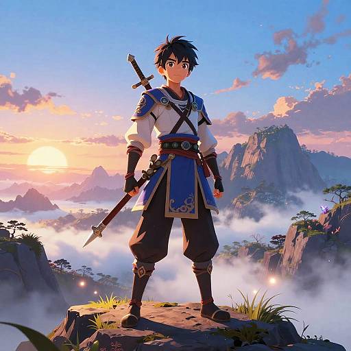 Anime-style digital illustration of a young male warrior with black hair and blue armor standing on a rocky cliff at sunset, holding a sword, with misty