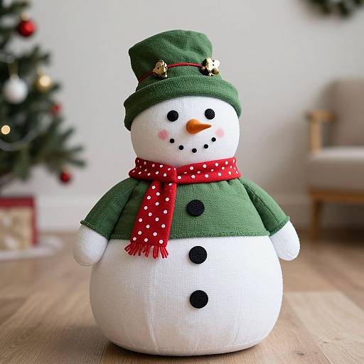 Photograph of a cute, stitched snowman with green hat, red polka-dot scarf, black buttons, and gold bell accents, standing on wooden