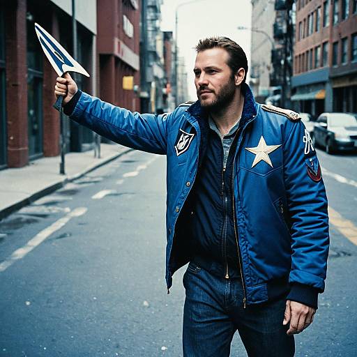 Photograph of a bearded man in a blue bomber jacket with a white star, holding a paper triangle, standing on an urban street.