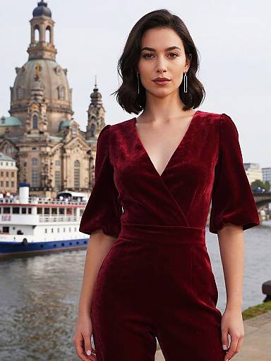 Photograph of a woman with short black hair, wearing a deep red velvet jumpsuit, standing in front of a historic European cityscape with a river