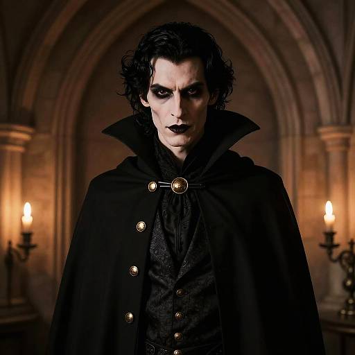 Photograph of a dark, gothic vampire with pale skin, black curly hair, intense black makeup, and a black cloak with gold buttons, standing