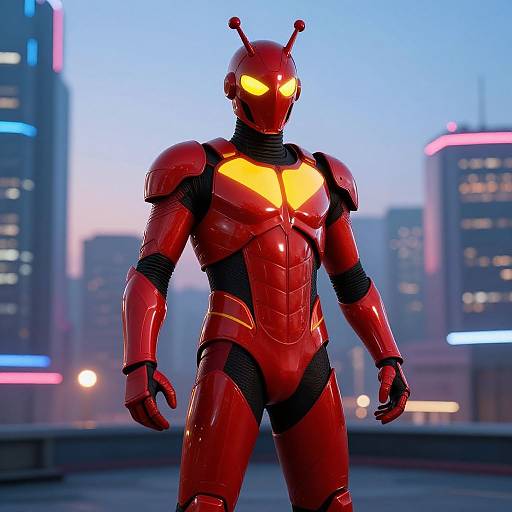 CGI image of a red, glowing-eyed, robotic superhero with a futuristic helmet and chest emblem, standing on a rooftop at dusk with neon-lit