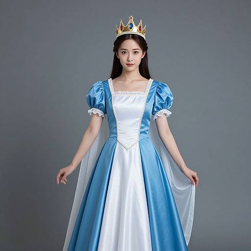 Photograph of an Asian woman in a blue and white princess dress with puffed sleeves, wearing a gold crown, standing against a gray background.