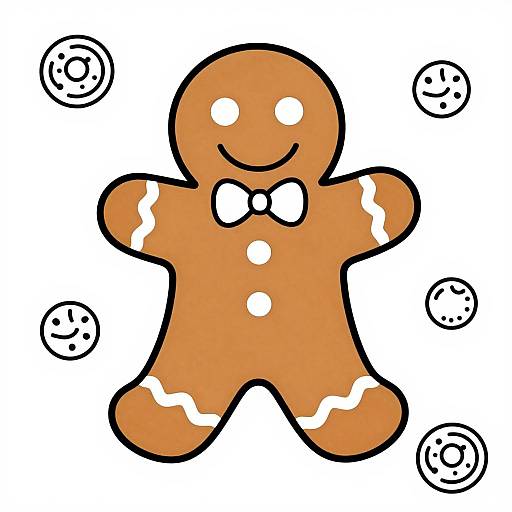 Cartoon-style gingerbread man with orange body, white icing dots, bow tie, and smile, surrounded by five white icing buttons.