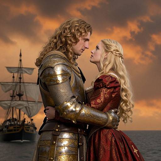 Photorealistic digital art: Romantic medieval couple in armor and ornate dress, facing each other, ship in background, orange sunset sky.