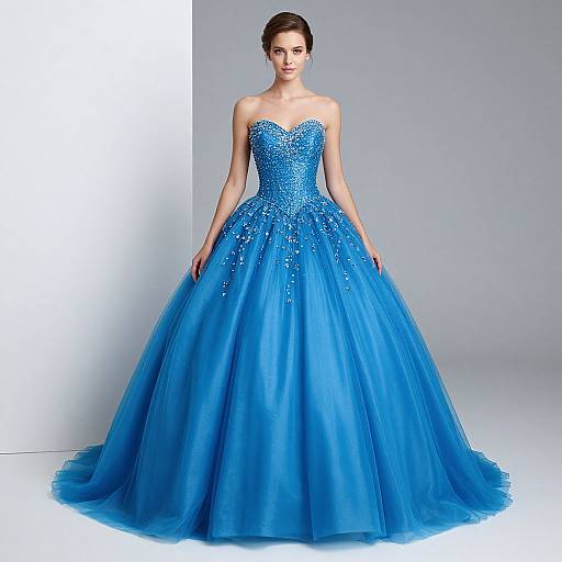 Photograph of a young woman in a vibrant blue, strapless, full-skirted gown with sparkling embellishments, standing against a plain gray background