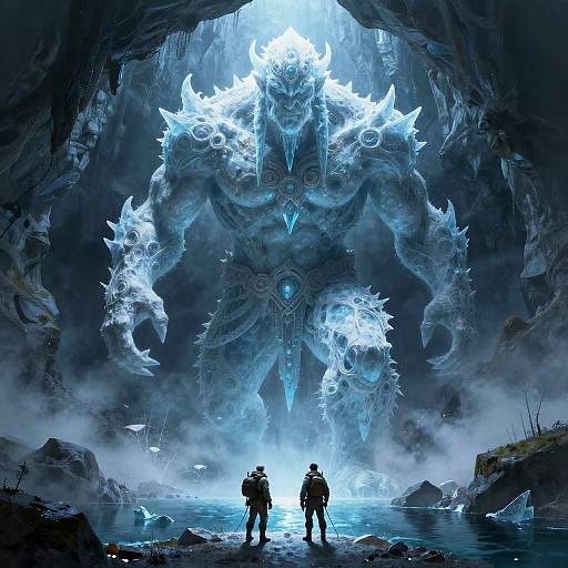 Digital fantasy artwork of two silhouetted figures facing a massive, glowing, ice-blue, horned, and spiked monster in a cave.