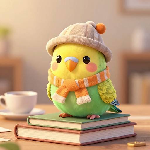 CGI image of a cute, yellow-green parrot with pink cheeks, wearing a beige beanie and orange scarf, perched on two books,