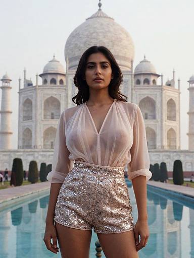 Photograph of a woman with medium skin tone, dark wavy hair, wearing a sheer white blouse and glittery silver shorts, standing in front of