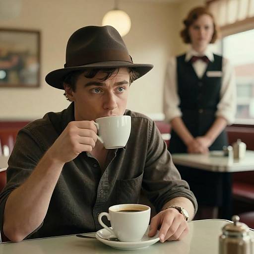 Photograph of a man in a brown hat and shirt sipping coffee, with a woman in a vest and bowtie in the background. Cafe setting
