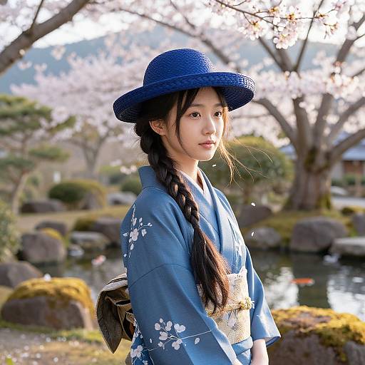 Serene Asian Girl in Blue Kimono