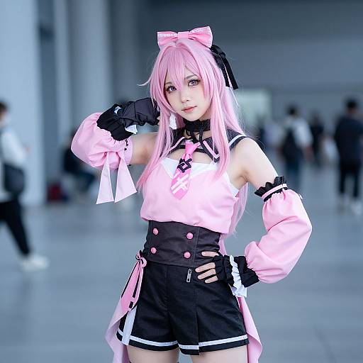 Cosplayer with long pink hair, pink and black outfit, black gloves, and pink bow, posing confidently in a blurred indoor setting. Photographic image
