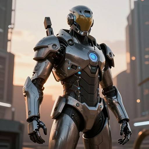 Photorealistic CGI of a silver, futuristic Iron Man suit with a glowing blue chest emblem, standing in a dimly lit, urban cityscape at