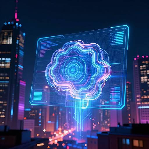 Neon blue hologram of a rose superimposed on a cityscape at night, with colorful skyscrapers and illuminated streets below. Digital art