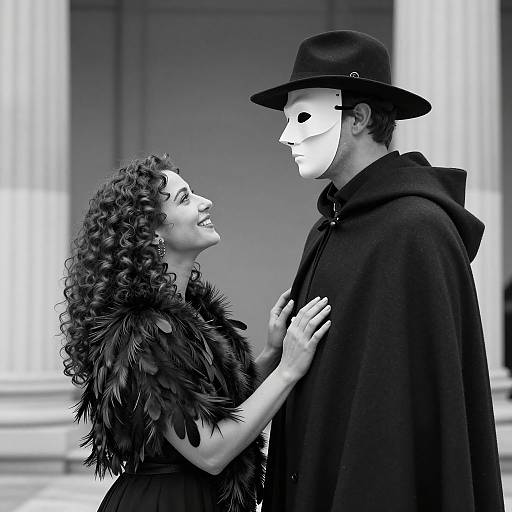 Masked Man and Smiling Woman in Black and White