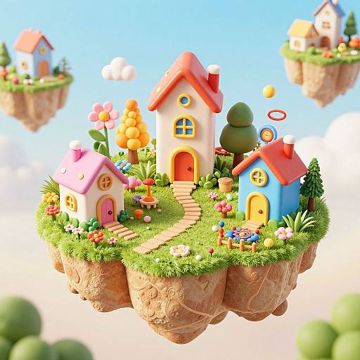 Colorful CGI image of floating, whimsical houses with red, pink, and blue roofs, surrounded by vibrant flowers and grass on rocky islands, against