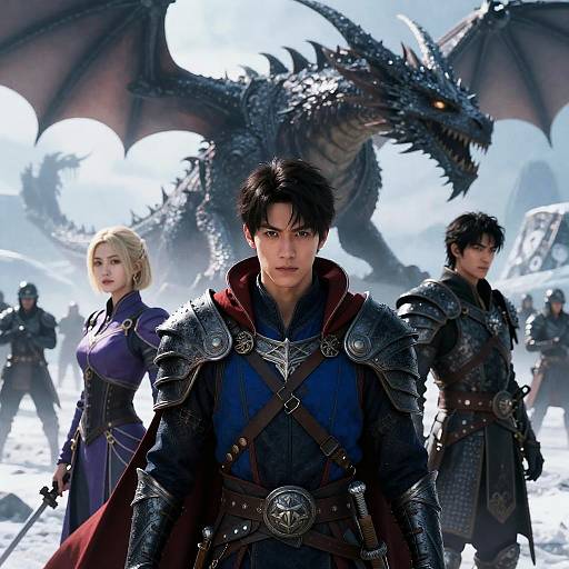 Fantasy Warriors and Dragon in Icy Landscape