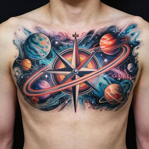 Tattooed shirtless male chest featuring a vibrant, colorful space design with planets, rings, stars, and a compass-like starburst center.