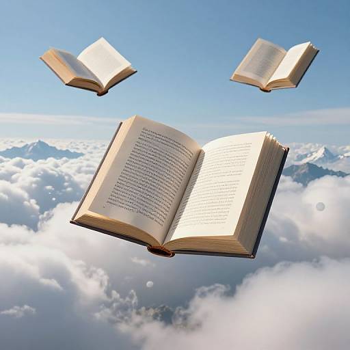 Photograph of three open books floating above a cloudy sky, with bright blue sky in the background. Books appear to be flying.