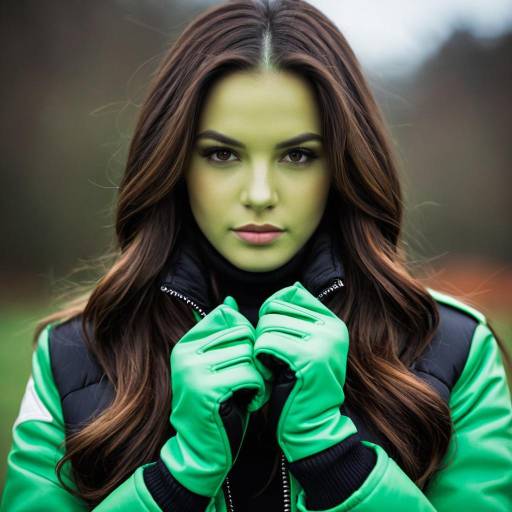 Woman in Green Gloves and Jacket with Green Skin
