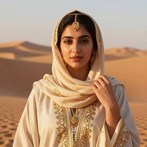 Photograph of a beautiful Indian woman in a white, gold-embroidered traditional outfit with a headscarf, standing in a desert with sand