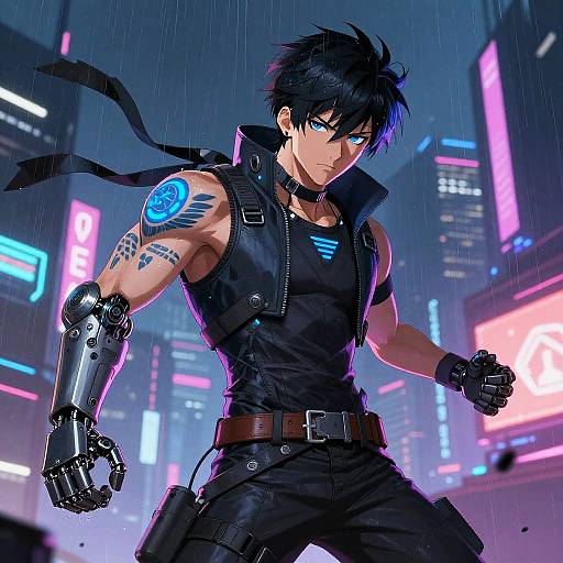 Digital anime artwork of a muscular, black-haired man with cybernetic arm, glowing blue tattoo, black leather vest, and gloves, standing in a